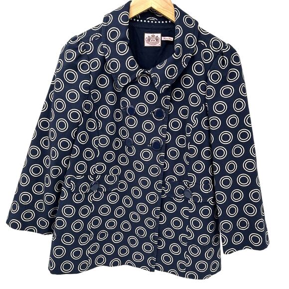 Juicy Couture Jacket Womens Medium Navy Blue Taupe Geometric Pattern - Picture 1 of 9
